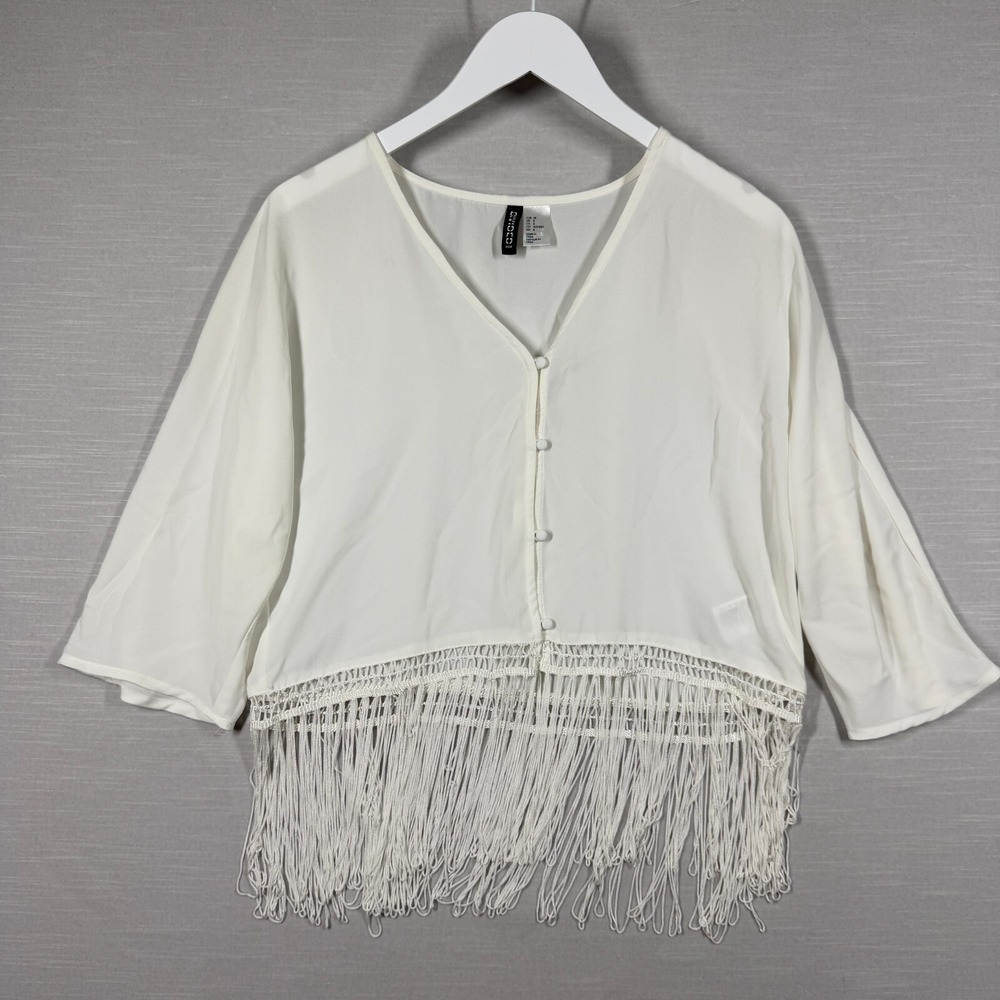 Divided Top Womens 8‎ White Fringe Boho Neutral Romantic Western Sheer